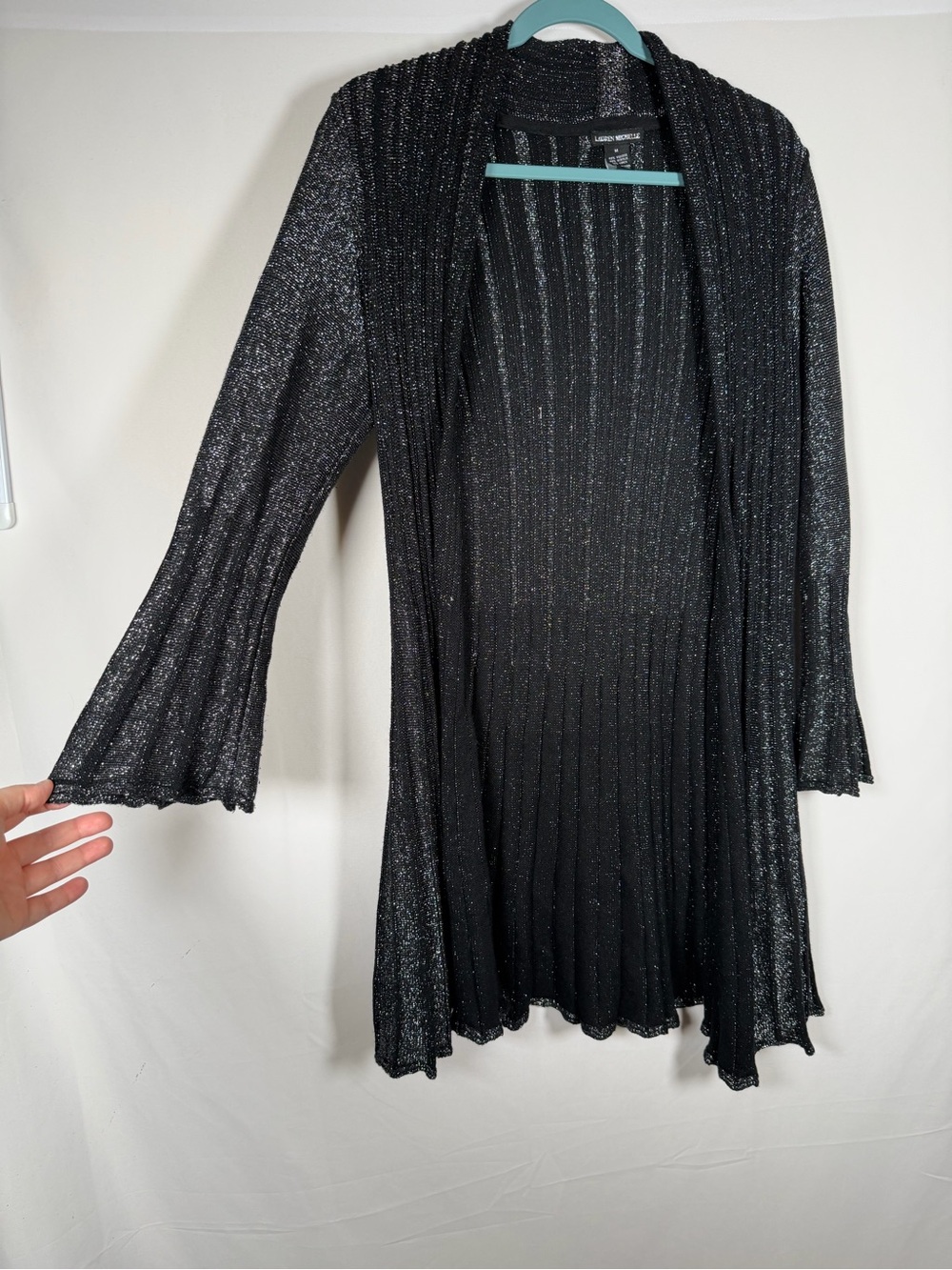 Vintage 90s Y2K Whimsigoth Fairy Flare Black Shimmery Open-Front Duster Cardigan